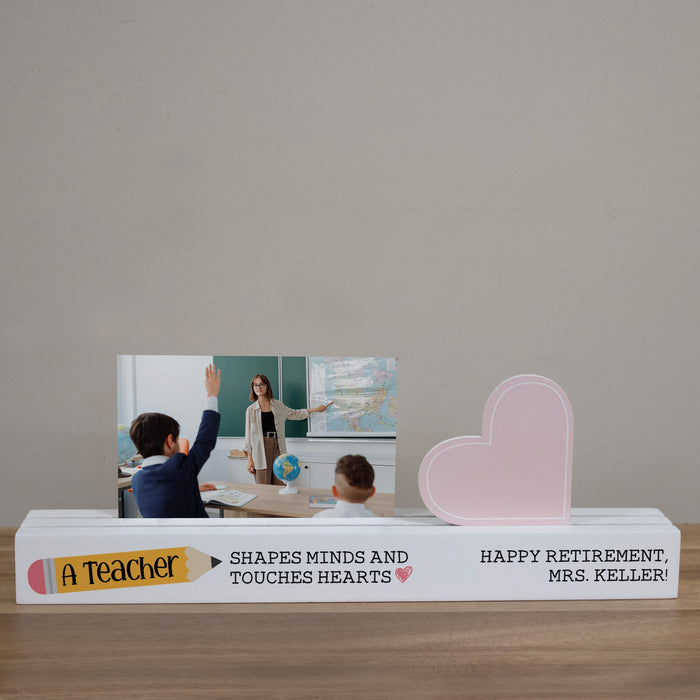 Personalized retirement gift for a teacher with a heart and photo display.