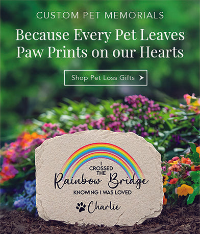 Memorial stone with rainbow in a garden setting promoting pet loss gifts