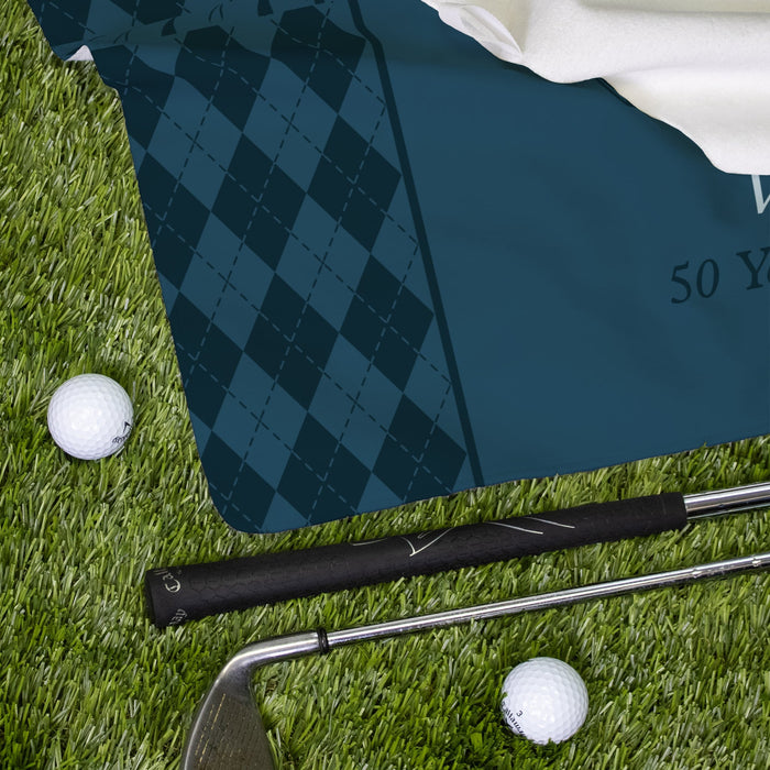 Close up of the corner of the retirement golf towel
