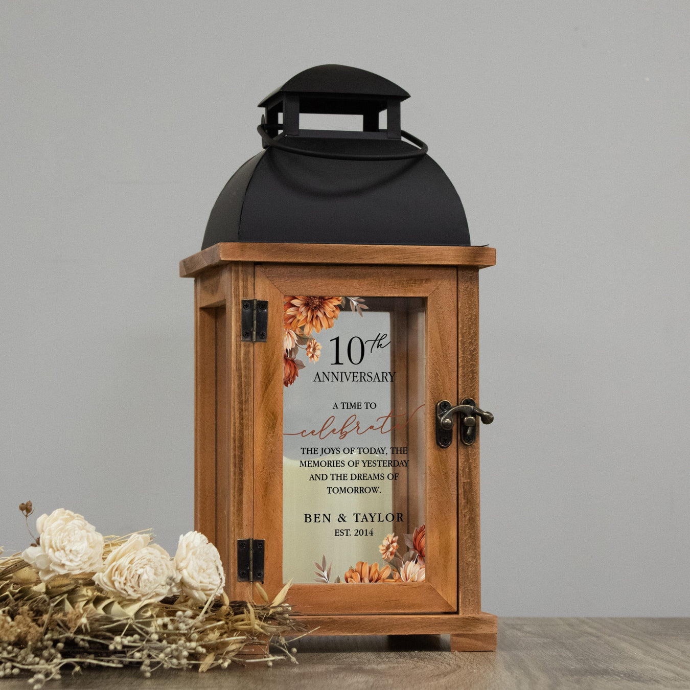 Wooden 10th Anniversary Lantern Personalized with Couple's Names and Wedding Date