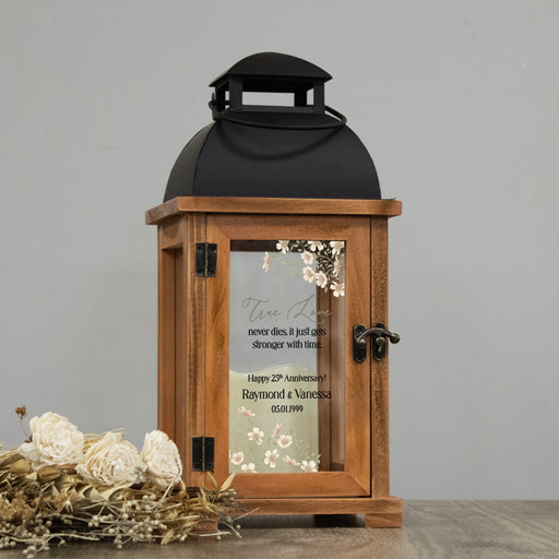Wooden anniversary lantern personalized with couple's names and date