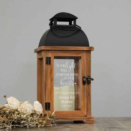 Wooden memorial lantern with light shines quote and personalized with name and years