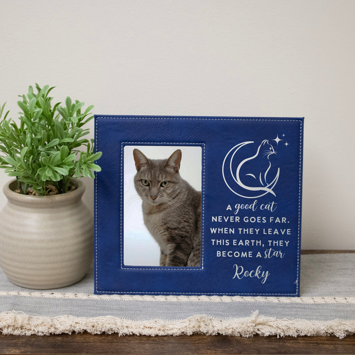 Personalized "A Good Cat"  Memorial Picture Frame in the color blue with white text