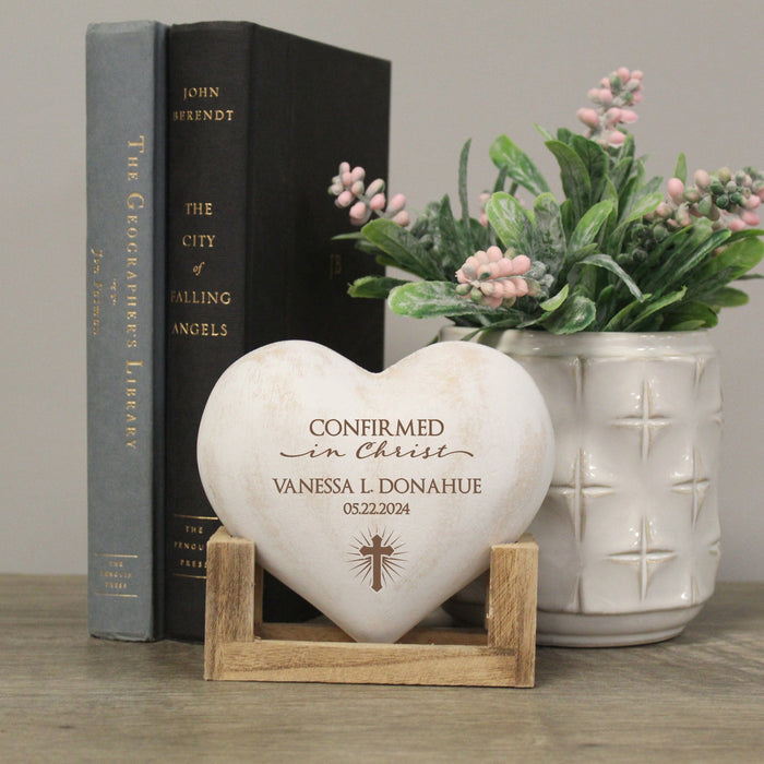 Confirmed in Christ Wooden Heart Display Keepsake personalized with date and name