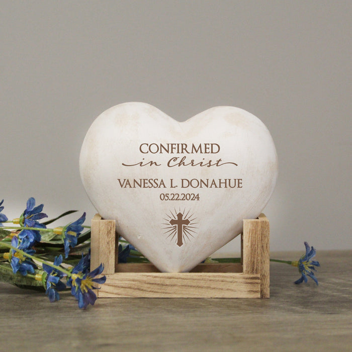 wooden display engraved heart with confirmed in christ with name and date
