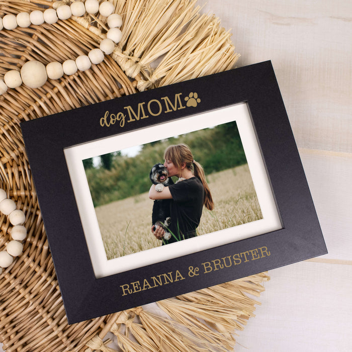 Personalized photo frame with a photo of a woman and dog that says dog mom and is personalized with mom and dogs names