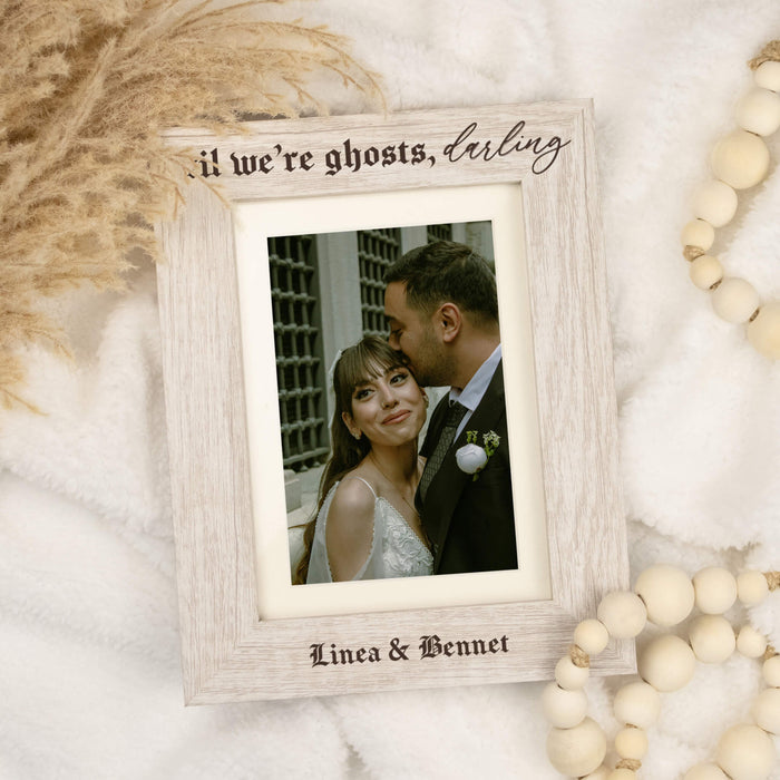 halloween wedding picture frame gift that says til we are ghosts darling and has the personalized names