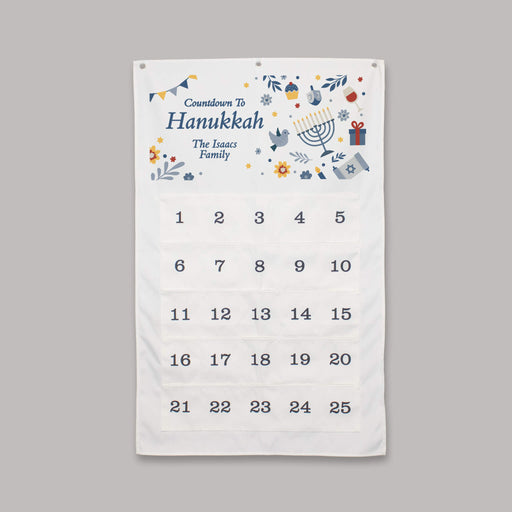 Hanukkah countdown calendar with festive illustrations on a gray background