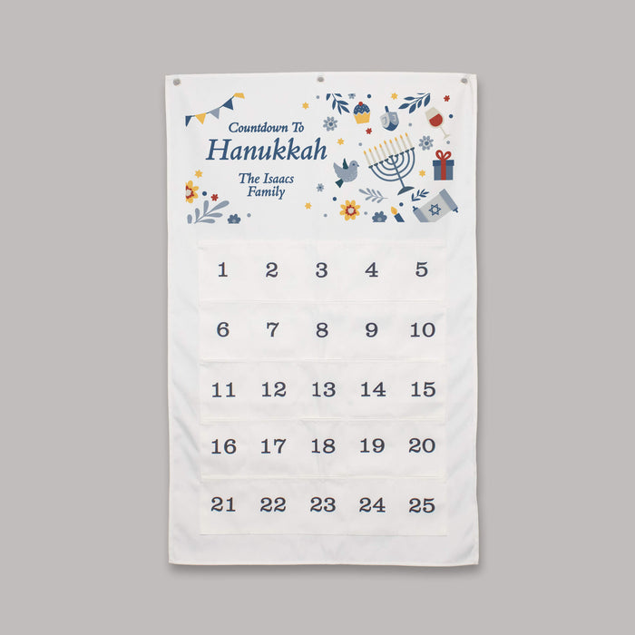 Hanukkah countdown calendar with festive illustrations on a gray background