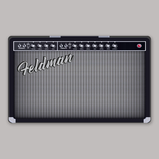 Guitar amplifier with personalized name branding on a gray background