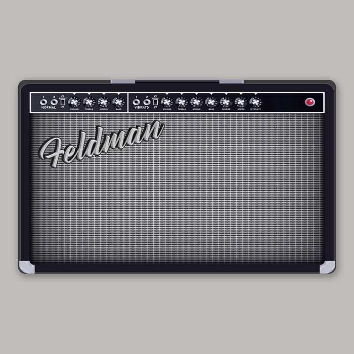 Guitar amplifier with personalized name branding on a gray background