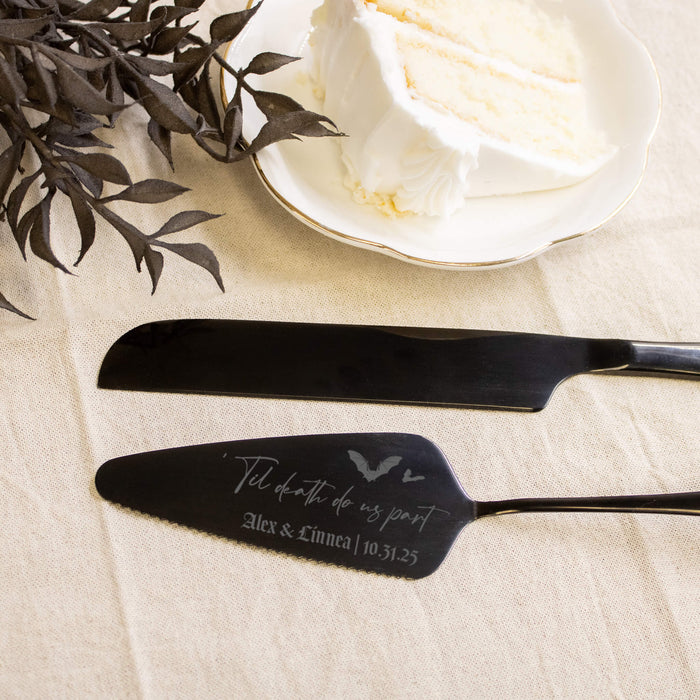black cake server set custom made to read til death do us part 