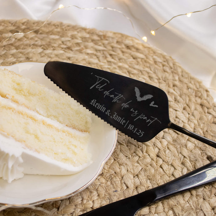 black cake server set with couple names and date for halloween wedding