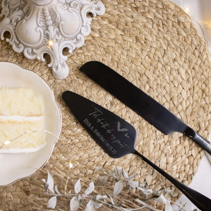 black cake knife and server set with personalized name and wedding date for halloween event