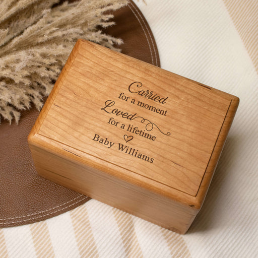 wooden memory box engraved with carried for a moment loved for a lifetime quote for miscarriage