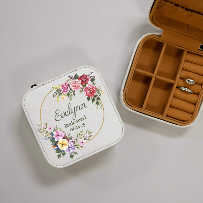 vegan leather jewelry case with floral wreath personalized with name title and date