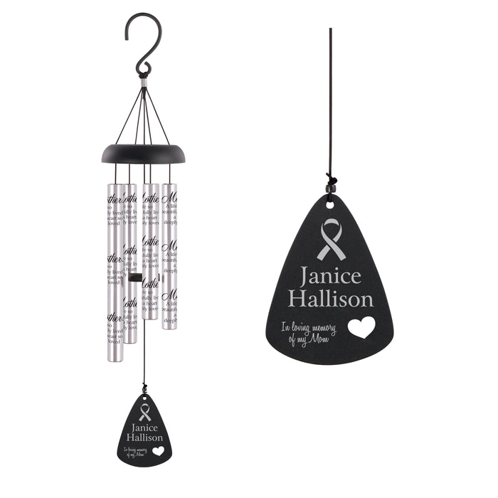 Personalized Mom Memorial Wind Chime with Cancer Awareness Ribbon - 21" Silver