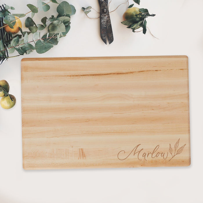 Personalized Last Name Cutting Board with Hand Drawn Botanicals in Maple