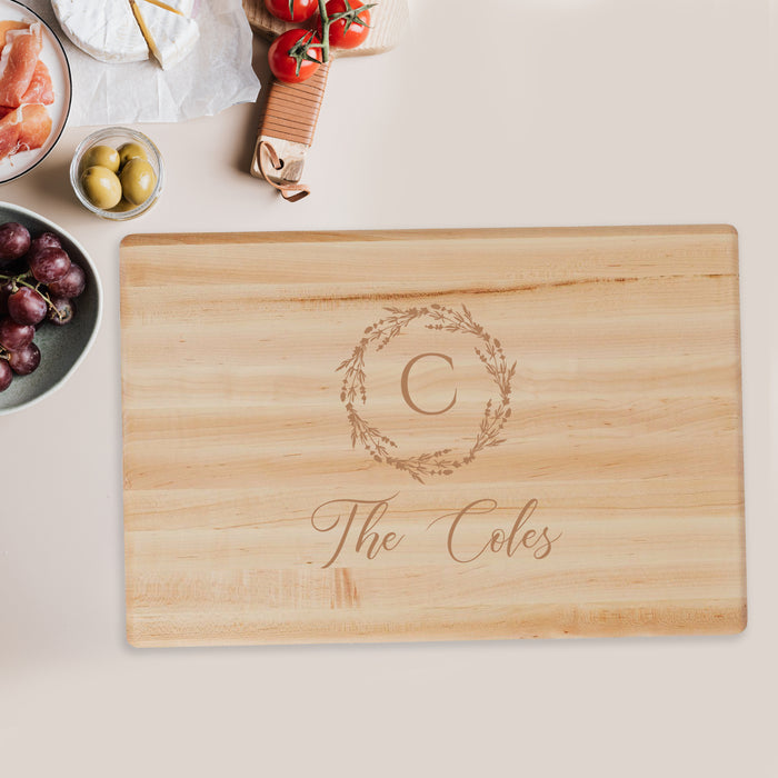 Monogrammed Floral Wreath Cutting Board in Maple