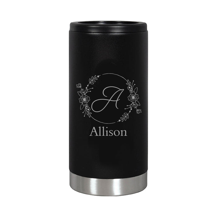 Monogrammed Slim Can Cooler with Floral Wreath