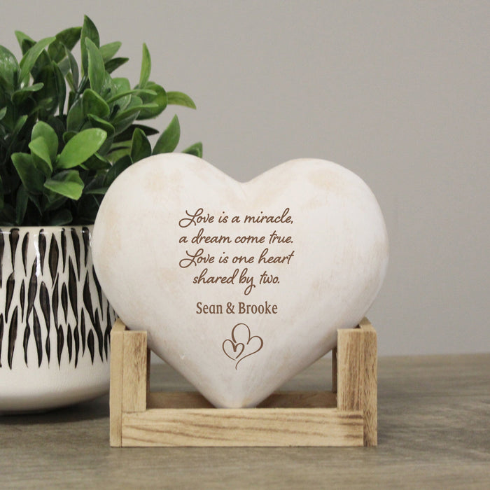 Personalized with names of couple "Love Is A Miracle.." Wooden Heart Display Plaque