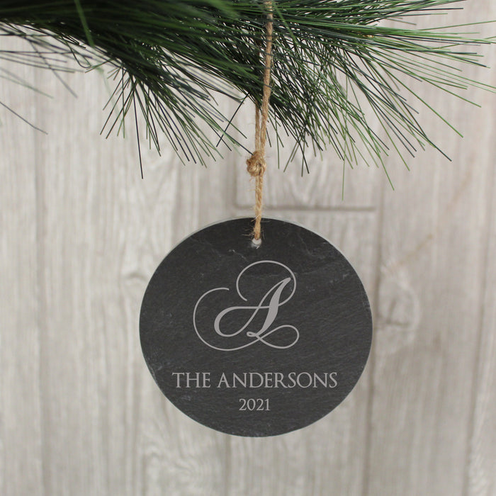 Personalized monogrammed last name christmas ornament.